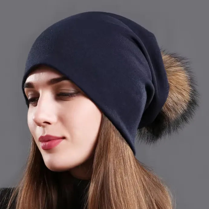 Women's Hat Natural Raccoon Fur Pompom Beanies Autumn Winter Warm Cotton Hats Rhinestone Fashion Caps - Shop & Buy