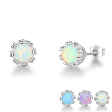 Load image into Gallery viewer, 925 Sterling Silver Flower Stud Earrings Round Created Blue Pink White Opal Earrings for Women Party Fine Jewelry - Shop &amp; Buy
