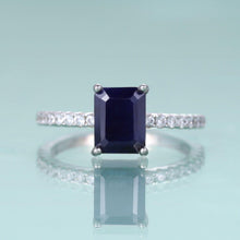 Load image into Gallery viewer, 925 Sterling Silver Sapphire Rings September Birthstone 6X8mm Emerald Cut Blue Sapphire Halo Engagement Ring - Shop &amp; Buy
