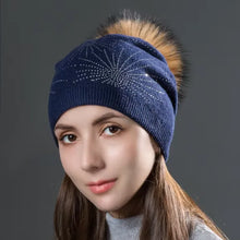 Load image into Gallery viewer, Rhinestone Knitted Wool Hats With Natural Raccoon Fur Pom Pom Caps Autumn Winter Warm Hat For Women Fashion Beanies
