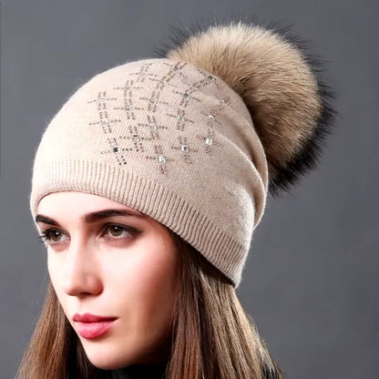 Wool Knitted Hats Fashion Rhinestone Glass Women Autumn Winter Warm Caps Natural Raccoon Fur Pompom Hat - Shop & Buy