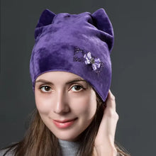 Load image into Gallery viewer, Cute Cat Ears With Flower Caps Winter Warm Women Hats Flannel Autumn Beanies Fashion Girls Hat Velvet Skullies For Female
