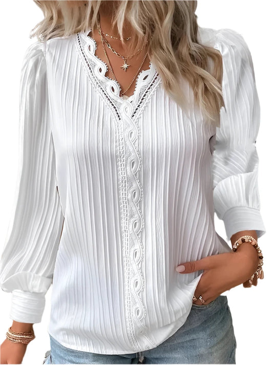 Women's Lace Stitching Shirt Loose Stitching V-neck Long Sleeve Pullover Chiffon Shirt Fall Top Simple Elegant Street Blouse - Shop & Buy