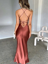 Load image into Gallery viewer, Satin Backless Lace Up Mermaid Slip Dress Women Sweetheart Neck Sexy Slim Bodycon Dresses
