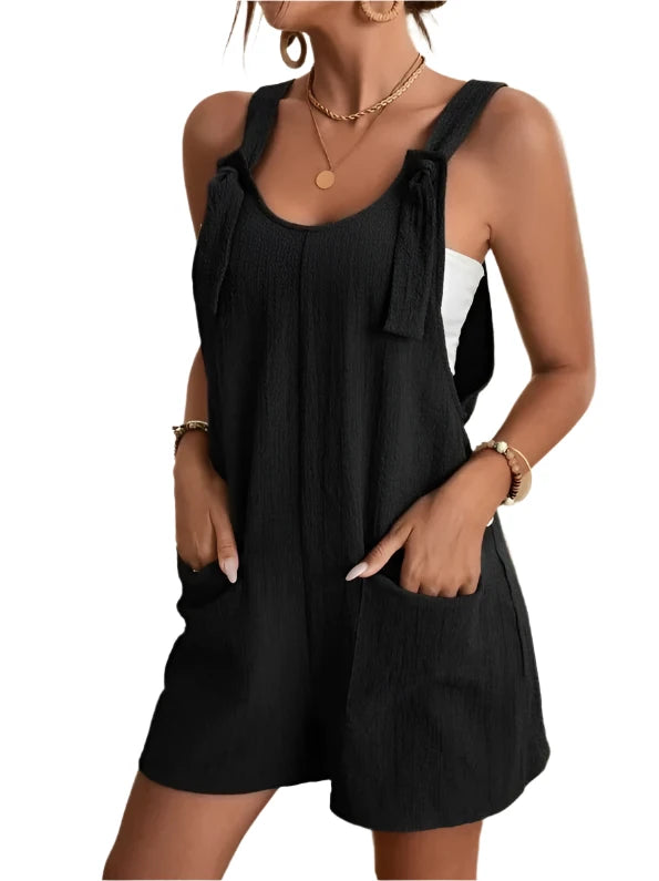 Women's Casual Summer Short Rompers Loose Overall Solid Sleeveless Lace up Wide Leg Pant Tie Knot Strap Jumpsuits - Shop & Buy