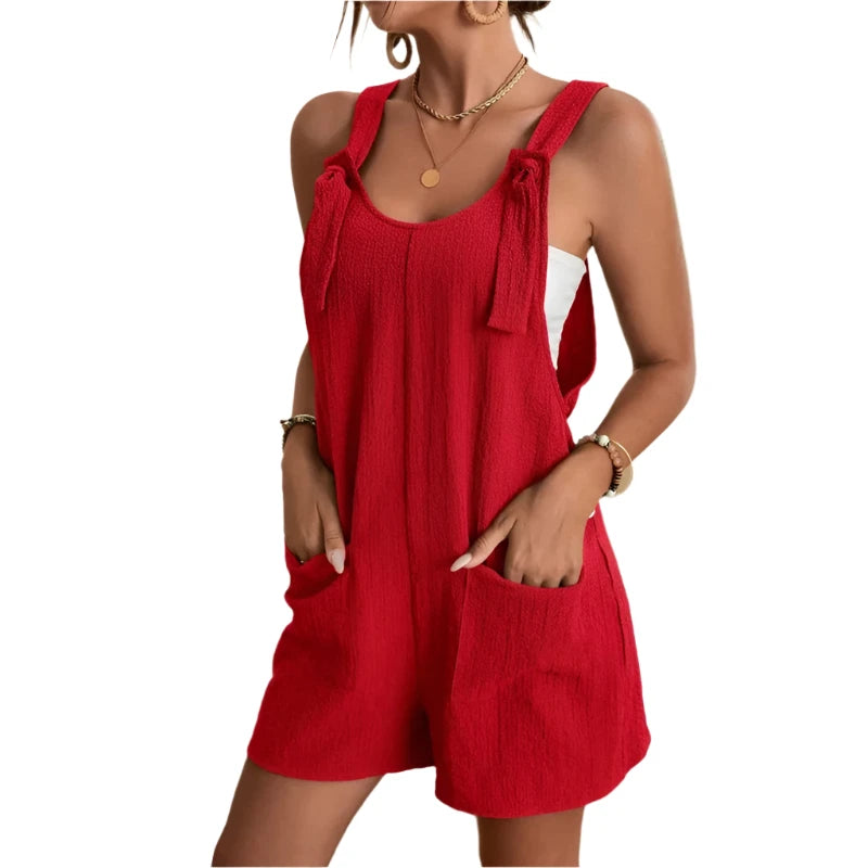 Women's Casual Summer Short Rompers Loose Overall Solid Sleeveless Lace up Wide Leg Pant Tie Knot Strap Jumpsuits - Shop & Buy