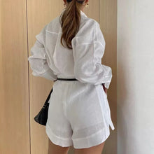 Load image into Gallery viewer, Women Long Sleeve 2 Pieces Sets Casual Simple Button Pockets Short Pant with Shirts Tops
