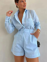 Load image into Gallery viewer, Women Long Sleeve 2 Pieces Sets Casual Simple Button Pockets Short Pant with Shirts Tops
