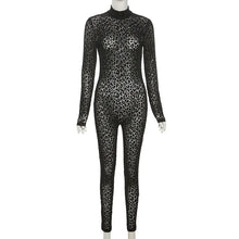 Load image into Gallery viewer, Leopard Transparent Jumpsuits Women Skinny Back Zip Mock Neck Black Sexy Hot Animal Print Slim Clubwear
