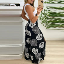 Load image into Gallery viewer, Summer Suit Women Solid Cut-out Tank Top &amp; Tropical Print Split Wide Leg Pants Set
