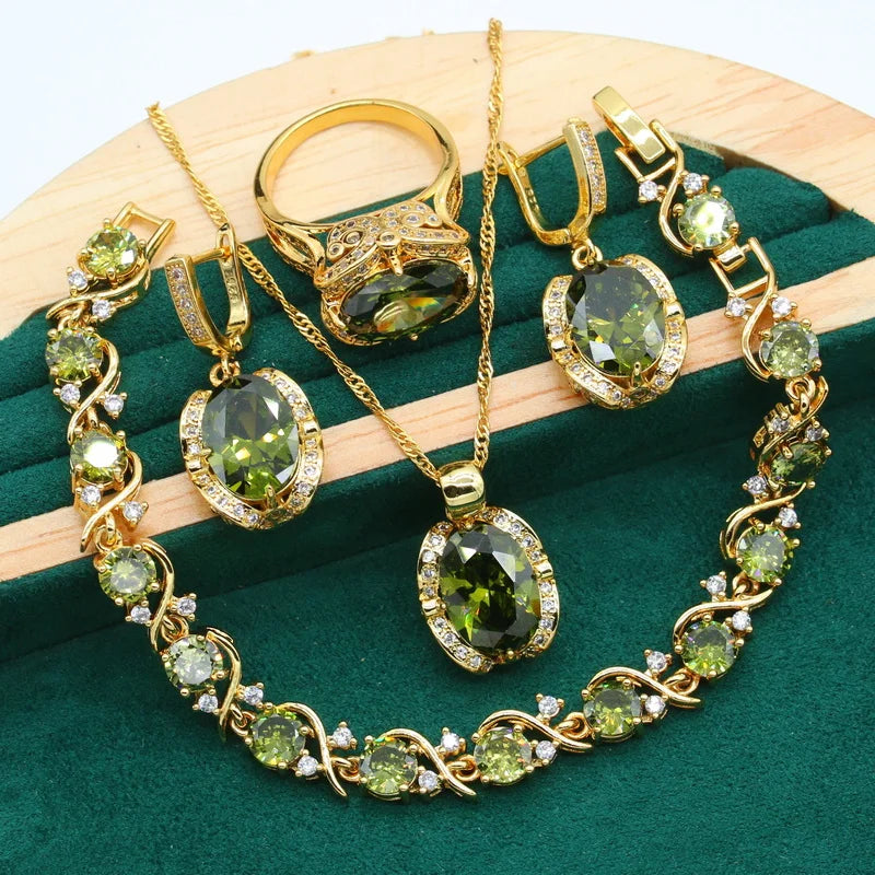 Geometric Wedding Jewelry Set for Women Olive Green Stone