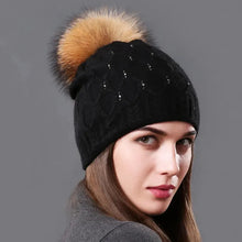 Load image into Gallery viewer, Multiple Styles Rhinestone Sequins Hats For Women Winter Beanies Natural Raccoon Fur Pompom Cap Women Knitted Warm Wool Hat
