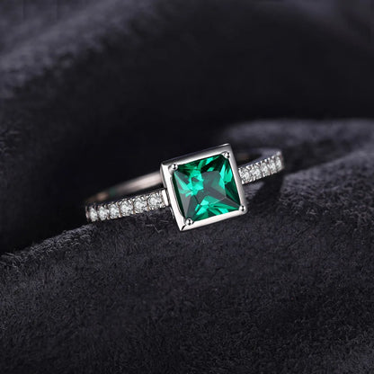 Square Simulated Nano Emerald 925 Sterling Silver Ring for Women Trendy Gemstone Gift