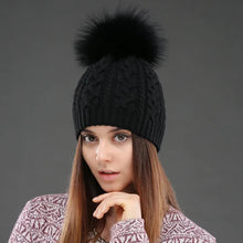 Load image into Gallery viewer, Women Double layer Knitted Hats Winter Warm Beanies Wool Hat With Pompom Natural Fur Raccoon Fashion Female Cap
