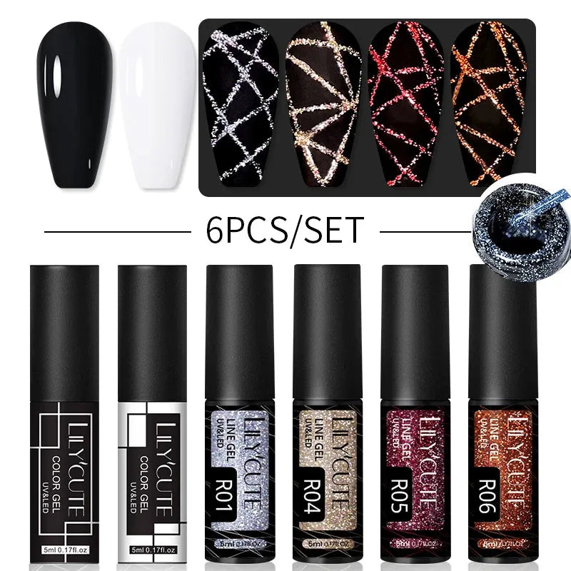 6Pcs/Set Reflective Colorful Liner Gel Nail Polish Kit Sparkling Glitter Flower Drawing Painting Stripe Pull Line Gel - Shop & Buy