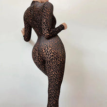 Load image into Gallery viewer, Leopard Transparent Jumpsuits Women Skinny Back Zip Mock Neck Black Sexy Hot Animal Print Slim Clubwear
