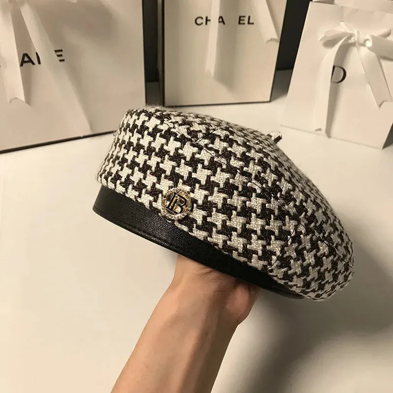 Women's Hat Beret New Fashion All-match Houndstooth Female British Retro Octagonal Hat Painter Hat - Shop & Buy