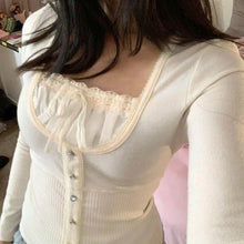 Load image into Gallery viewer, Y2K  Kawaii Korean Clothing Cute Retro Cotton Tops Lace Patchwork Buttons Kawaii Tshirts
