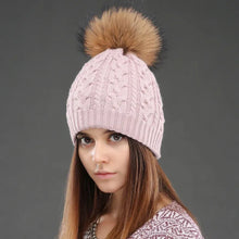 Load image into Gallery viewer, Women Double layer Knitted Hats Winter Warm Beanies Wool Hat With Pompom Natural Fur Raccoon Fashion Female Cap
