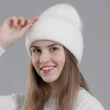 Load image into Gallery viewer, Real Rabbit Fur Hat Winter Warm Beanies For Women Fashion Cute With Decorate Rhinestone Cap Female Casual Knitted Hats
