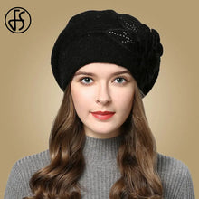 Load image into Gallery viewer, Women Rabbit Berets Knitted Wool Hats Winter Flowers Warm Female Cap Girls Beanies Fur Hat
