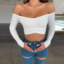 Load image into Gallery viewer, Off Shoulder Crop Top Women Summer Long Sleeve T Shirt V Neck tshirt Elegant Party Club Tee Shirt
