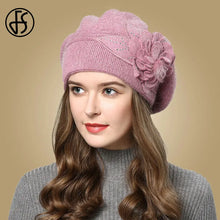 Load image into Gallery viewer, Women Rabbit Berets Knitted Wool Hats Winter Flowers Warm Female Cap Girls Beanies Fur Hat
