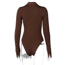 Load image into Gallery viewer, Solid Women Long Sleeve Bodysuit Buttons Turn Down Collar V Neck Bodycon Sexy Streetwear
