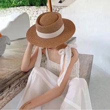 Load image into Gallery viewer, French Style Women Summer Sun Beach Flat Straw Hat Khkai Vacation Panama Straw Woven Small Top Hat White Ribbon
