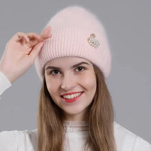 Load image into Gallery viewer, Real Rabbit Fur Hat Winter Warm Beanies For Women Fashion Cute With Decorate Rhinestone Cap Female Casual Knitted Hats
