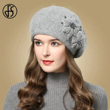 Load image into Gallery viewer, Women Rabbit Berets Knitted Wool Hats Winter Flowers Warm Female Cap Girls Beanies Fur Hat
