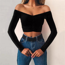 Load image into Gallery viewer, Off Shoulder Crop Top Women Summer Long Sleeve T Shirt V Neck tshirt Elegant Party Club Tee Shirt
