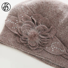 Load image into Gallery viewer, Women Rabbit Berets Knitted Wool Hats Winter Flowers Warm Female Cap Girls Beanies Fur Hat
