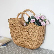 Load image into Gallery viewer, Summer Handmade Bags for Women Beach Weaving Ladies Straw Bag Wrapped Beach Bag Moon shaped Top Handle Handbags
