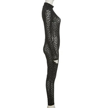 Load image into Gallery viewer, Leopard Transparent Jumpsuits Women Skinny Back Zip Mock Neck Black Sexy Hot Animal Print Slim Clubwear
