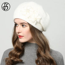 Load image into Gallery viewer, Women Rabbit Berets Knitted Wool Hats Winter Flowers Warm Female Cap Girls Beanies Fur Hat
