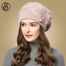 Load image into Gallery viewer, Women Rabbit Berets Knitted Wool Hats Winter Flowers Warm Female Cap Girls Beanies Fur Hat
