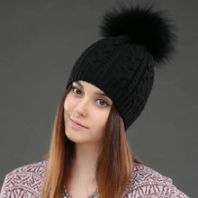 Load image into Gallery viewer, Women Double layer Knitted Hats Winter Warm Beanies Wool Hat With Pompom Natural Fur Raccoon Fashion Female Cap
