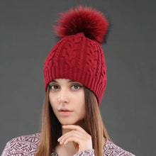 Load image into Gallery viewer, Women Double layer Knitted Hats Winter Warm Beanies Wool Hat With Pompom Natural Fur Raccoon Fashion Female Cap
