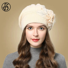 Load image into Gallery viewer, Women Rabbit Berets Knitted Wool Hats Winter Flowers Warm Female Cap Girls Beanies Fur Hat
