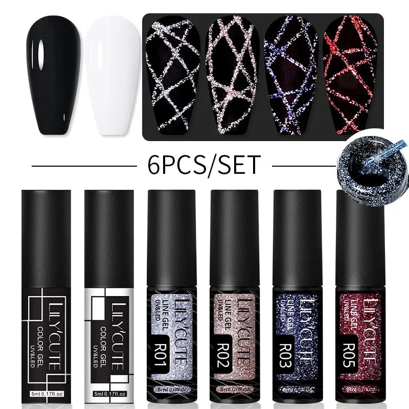 6Pcs/Set Reflective Colorful Liner Gel Nail Polish Kit Sparkling Glitter Flower Drawing Painting Stripe Pull Line Gel - Shop & Buy