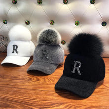 Load image into Gallery viewer, Autumn Winter Warm Baseball Cap Women Rhinestone Letter Pompom Hip Hop Caps Ladies Girls Fur Ball Casual Sun Hats
