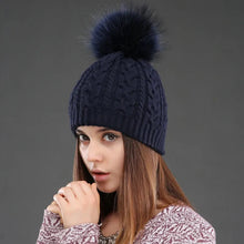 Load image into Gallery viewer, Women Double layer Knitted Hats Winter Warm Beanies Wool Hat With Pompom Natural Fur Raccoon Fashion Female Cap
