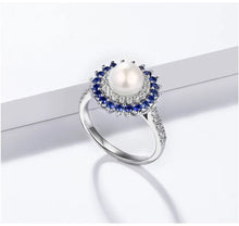 Load image into Gallery viewer, Natural Freshwater Pearl Sapphire Sterling Silver Women&#39;s Ring Round 7mm Pearl Classic Style
