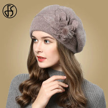 Load image into Gallery viewer, Women Rabbit Berets Knitted Wool Hats Winter Flowers Warm Female Cap Girls Beanies Fur Hat
