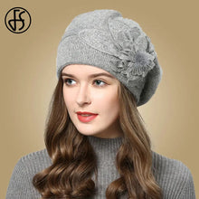 Load image into Gallery viewer, Women Rabbit Berets Knitted Wool Hats Winter Flowers Warm Female Cap Girls Beanies Fur Hat
