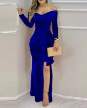 Load image into Gallery viewer, Women Long Dress Fashion Velvet Off Shoulder Ruffle Hem Split Maxi Dress
