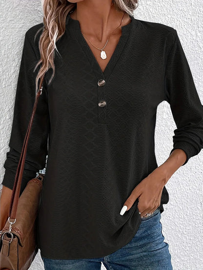 Women's Fashion Texture Solid Color Button V-neck Long sleeved Top - Shop & Buy