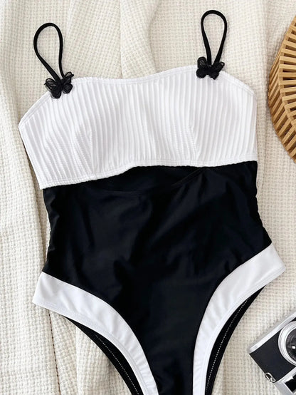 Women's Black White Patchwork One Piece Swimsuit High Waist Hollow Out Contrast Bikini - Shop & Buy