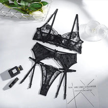 Load image into Gallery viewer, Sexy Lingerie Mesh See-Through Thong and Bra Luxury Tulle Embroidered Flower Lace Lingerie Garter Set
